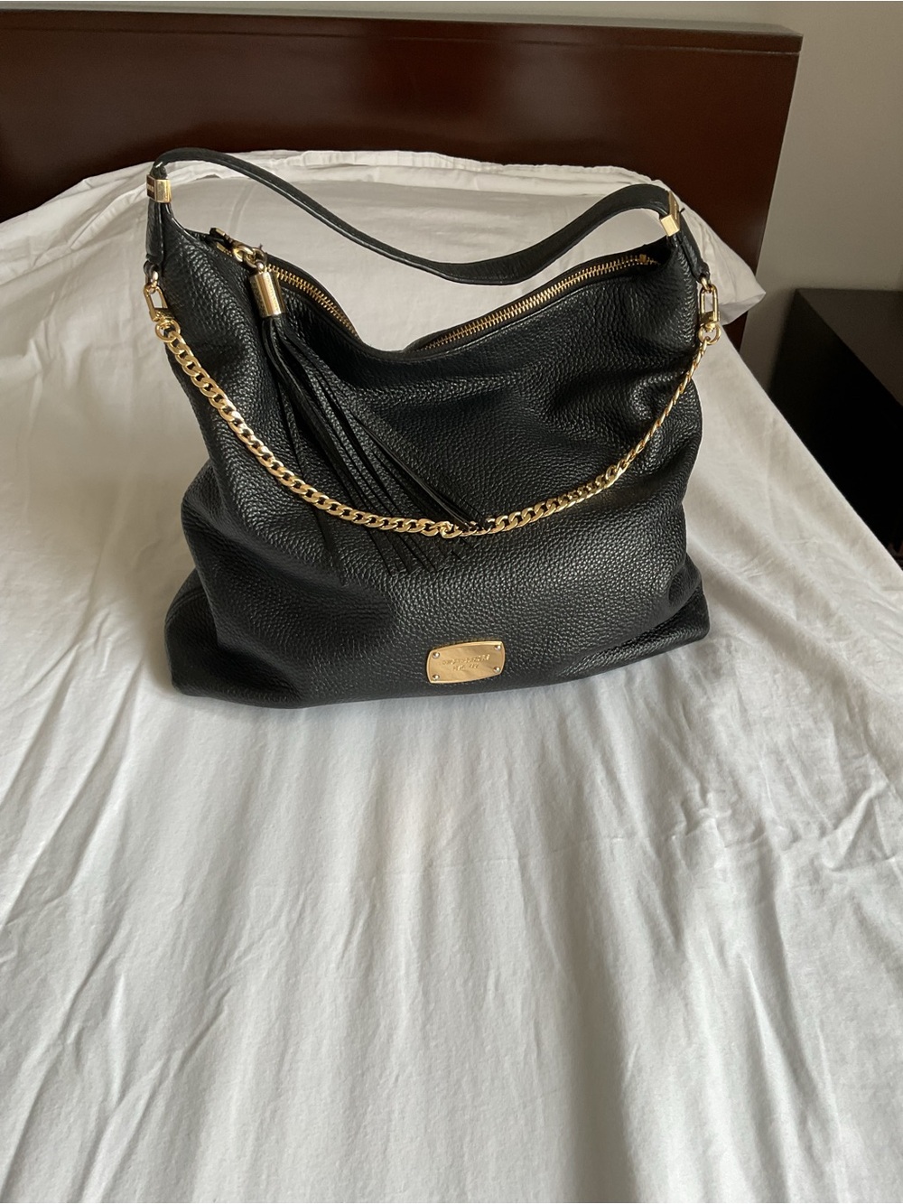 Michael Kors, black real leather bag with gold chain